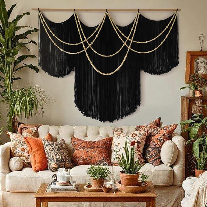 Macrame Wall Hanging Black Yarn Tapestry Boho Fiber Art Decor 57"W*43"L | Black Wall Hanging, Woven Fiber Art, Handmade Cotton Decor, Modern Boho Style, Statement Wall Accent, Handmade Craft by FLBER