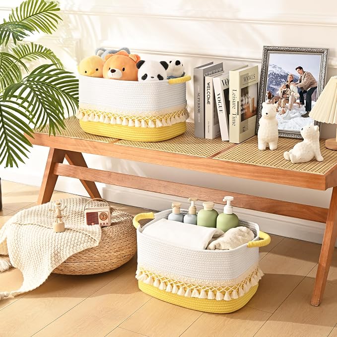 2 Pack Storage Basket for Shelves, Boho Cotton Rope Storage Bins with Heavy Tassel, Shelf Baskets Large Woven Baskets for Organizing, Cube Organizer Bins, Baby Laundry Basket for Clothes, Toys, Pets - Image 2