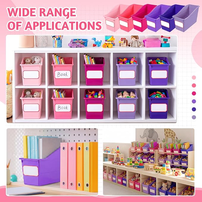 Teling 12 Pcs Book Bins Bulk for Classroom Storage Plastic Magazine Holder with Label Interlocking File Folder Organizer Binder Container Box for School Office Desktop Bookshelf Home (Pink Purple) - Image 6