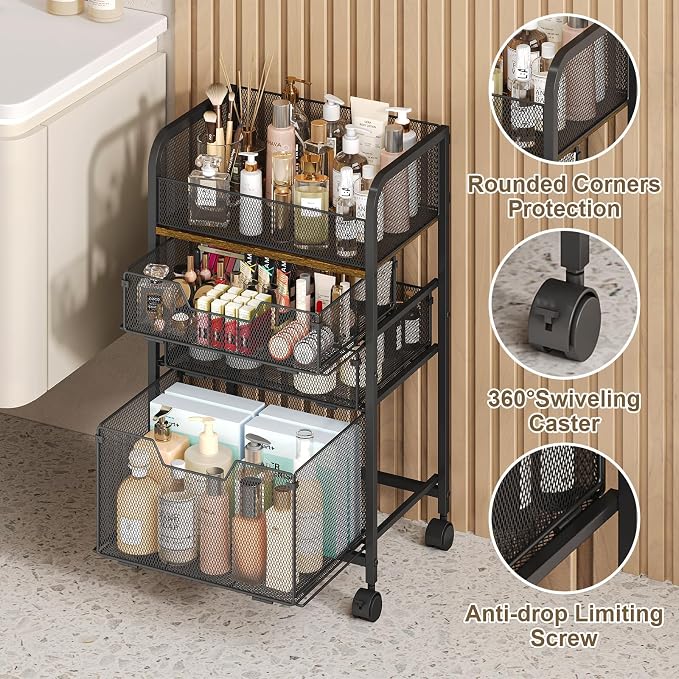 4-Tier Rolling Utility Cart with 3 Drawers-Craft Organizers and Storage with 360° Lockable Wheels,Art Supply Storage Organizer for Art Supplies, Store for Brushes & Paints & Artifacts Patent Pending - Image 7
