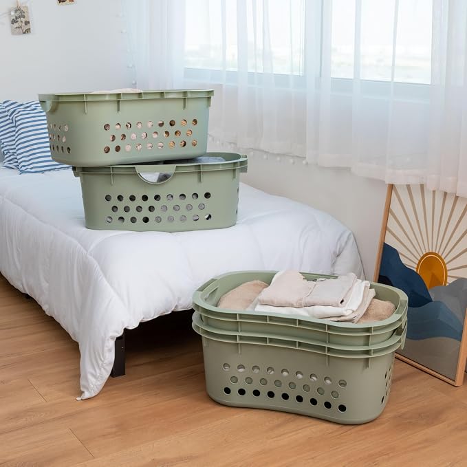 IRIS USA Laundry Basket, 51L Plastic Hip Hold Hamper, 4 Pack, Sage Green | Lightweight ventilated laundry basket with hip-hold handles for everyday clothes, towels, and bedding. - Image 2