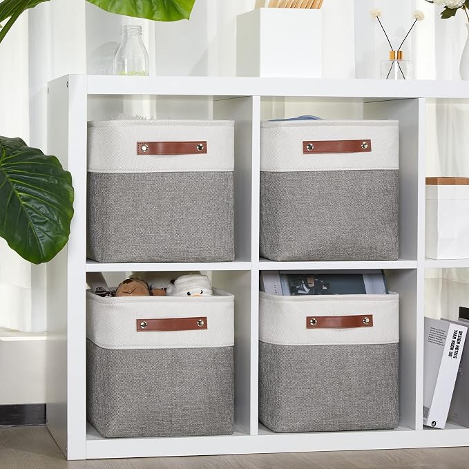 DULLEMELO 11 Inch Cube Storage Bins (Set of 4), Fabric Storage Baskets for Standard Cube Organizers, High-Capacity Collapsible Bins with PU Leather Handles for Closet, Nursery, and Shelves-White&Grey - Image 3