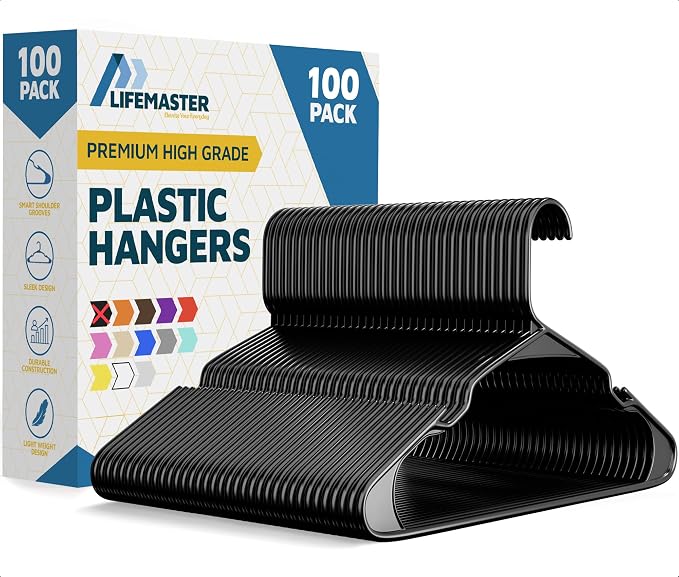 Lifemaster Plastic Clothes Hanger Set - 100 Pieces Versatile, Lightweight, Space-Saving, Non-Slip, Slim Designed, Dry and Wet Clothes Hanger Set - Black by LIFEMASTER