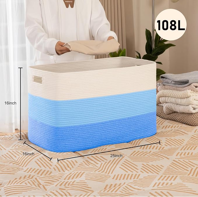 OIAHOMY 108L Extra Large Blanket Basket Dog Toy Basket Gradient Light Blue | Rectangle Woven Baskets for Storage Cotton Rope Basket For Living Room Toy Storage Blanket Storage Laundry Basket - Image 2