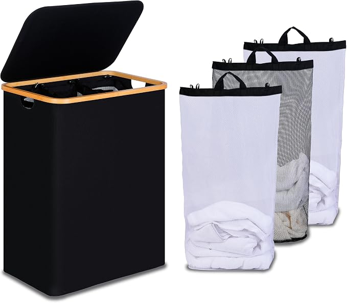 efluky Laundry Hamper with Lid, Trio Laundry Basket with 2 Removable Bags, 3 Section Laundry Bin with Bamboo Handles for Bathroom, Bedroom & Laundry Room, 160L (42.3 Gallon) Black by efluky