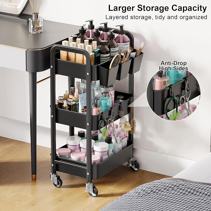 3 Tier Rolling Cart with Lockable Wheels, Metal Diaper Caddy Cart Organizer for Baby Essentials, Black Storage Utility Cart for Craft, Snack, Rolling Carts with Wheels for Lash Techs, Art, Bathroom - Image 9