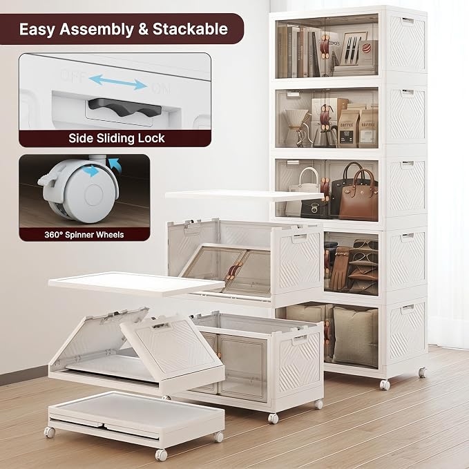 Stackable Storage Bins with Lids, 550QT Lockable Storage Cabinet | Closet Organizers, Foldable Storage Box with Doors and Wheels, Plastic Drawers for Home, Garage, Office (5, White, Plus) - Image 5