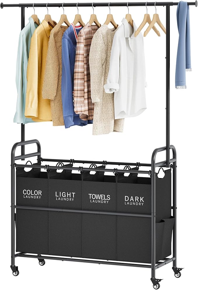 Laundry Sorter with Hanging Bar, 4 Section Laundry Hamper, Black | 52 Gal Laundry Cart with Hanging Rack and Removable Bags, Rolling Laundry Hamper Cart for Laundry Room, Bathroom, Bedroom by Tajsoon