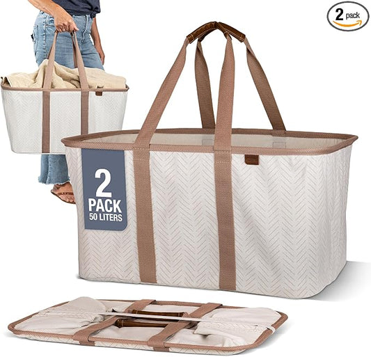 Collapsible Fabric Laundry Basket Tote Premium, Herringbone, 2 Pack | Bring a Polished Look to Laundry Day | Cotton-Blend Fabric and Vegan Leather Pair with Long Handles and 55 lb Support by CleverMade