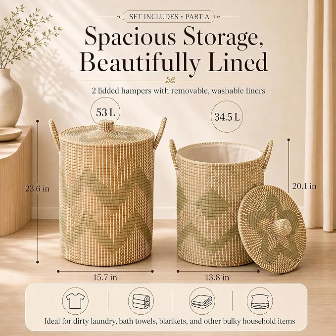 Sea Grass Storage Basket Set of 4, Handwoven Wicker Storage Organizer, Includes 2 Laundry Hampers with Lids, 2 Bins for Shelves and Removable Washable Liners for Bathroom, Bedroom, Laundry Room - Image 3