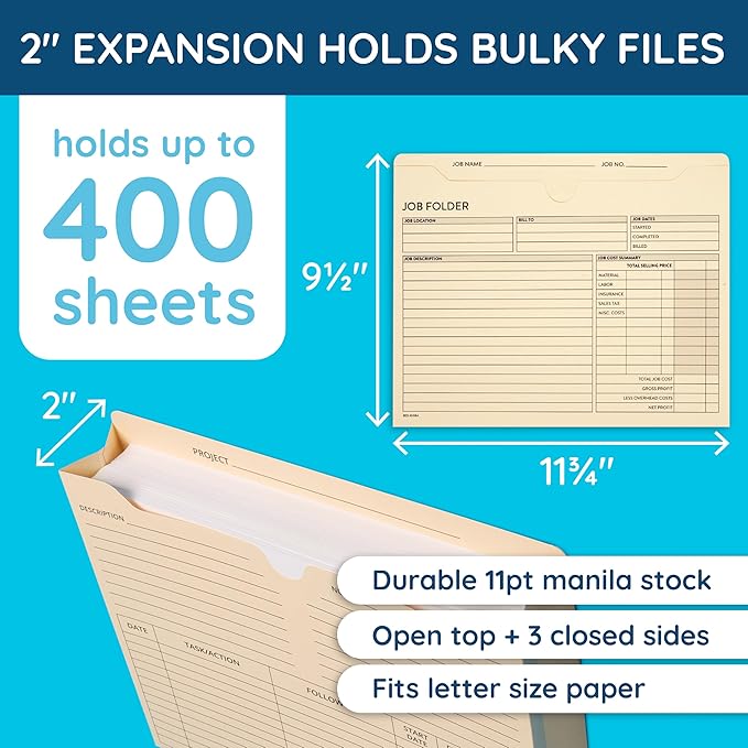 Blue Summit Supplies 50 Project File Folders, Letter Size, Pocket, Manila | Preprinted project management folder, reinforced straight cut tab, 2 in expansion pocket, for project filing - Image 3
