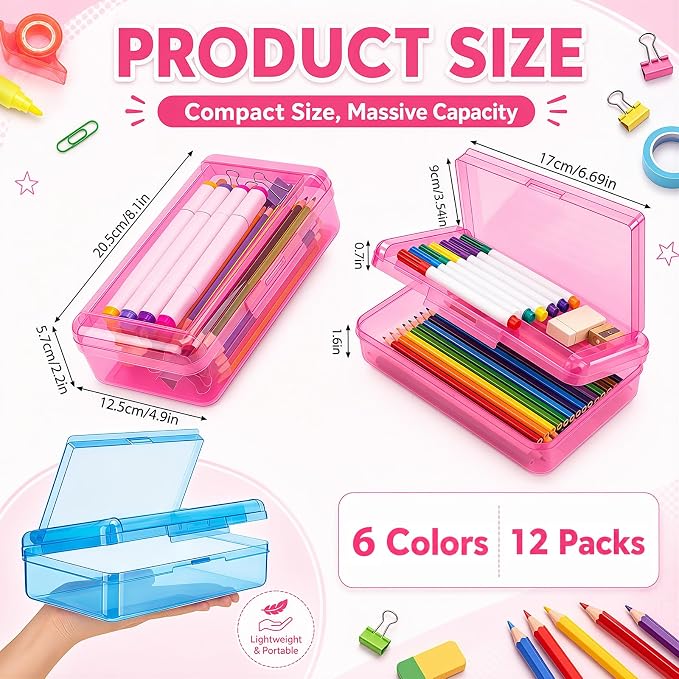 12 Pack Double Layer Large Pencil Box, Clear Plastic Hard Pencil Case with Snap Lid, School Supply Organizer Box for School Office Classroom Home Supplies(Classic Colors) - Image 2
