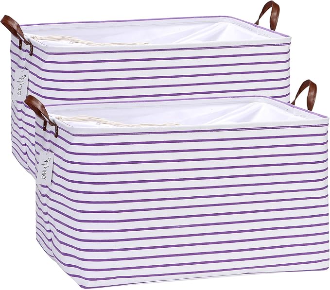 Hinwo 2-Pack Extra Large Canvas Fabric Storage Baskets with Handles, 70L Oversized Storage Bins, Collapsible Storage Box, Clothes, Toys, Blankets Organizers, 22 x 15 x 13 inches, (Purple Stripe) by Hinwo
