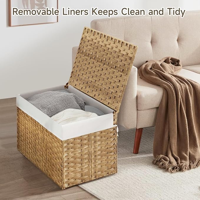 240L Wicker Storage Basket with Lid, Handwoven Rattan Large Shelf Basket with Removable Liner, 47.6 Gallon Wicker Basket for Blanket, Storage Trunk with Handle for Closet, Bedroom, Livingroom, Natural - Image 3