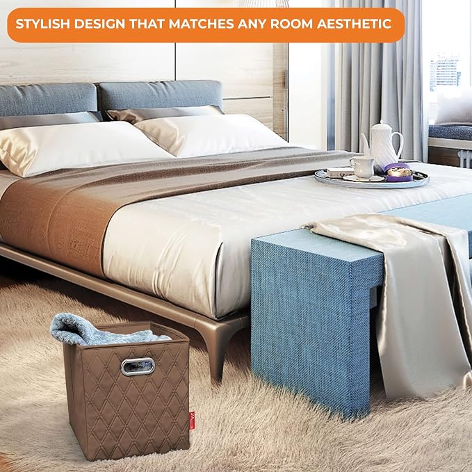 Small 11-inch Brown Foldable Diamond Patterned Faux Leather Storage Cube Bins Set of Four with Handles with Dual Handles for living room, bedroom and office storage - Image 7