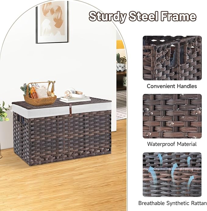 180L Wicker Storage Basket with Lid, Handwoven Rattan Large Shelf Basket with Removable Liner, 47.6 Gallon Wicker Basket for Blanket, Storage Trunk with Handle for Closet, Bedroom, Livingroom, Brown - Image 6