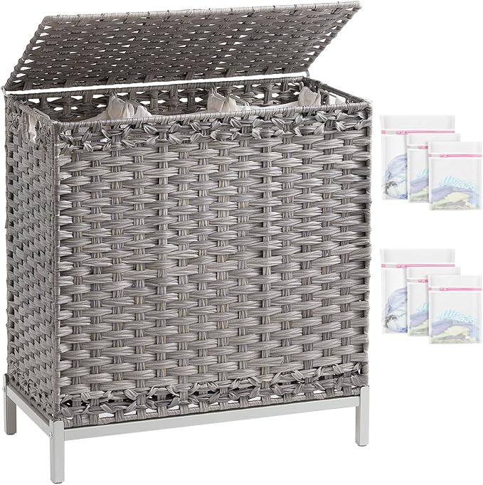 SETVSON Laundry Hamper with Lid, 35 Gal 3-Bag Clothes Sorter, Gray | Large Family Laundry Trunk with Lid, 3 Compartment Sorting Liner, 6 Wash Bags, Elevated PE Rattan Bin with Handles by SETVSON