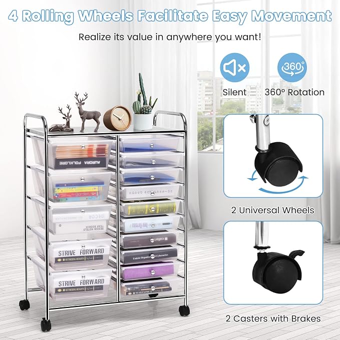 DREAMADE Rolling Cart with 15 Drawers, Clear Plastic Drawer Organizer w/Lockable Wheels, Removable & 2-Sized Storage Drawers, Art Cart for School Home Art Supplies Crafts File Scrapbook (Transparent) - Image 5