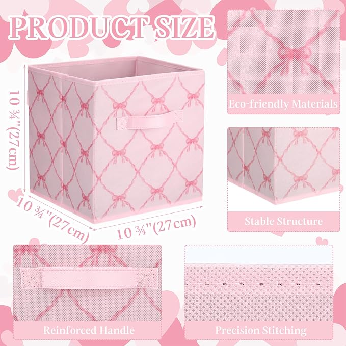 6 Pcs Light Pink Bow Cube Storage Bins 11 Inch Storage Basket | Preppy Girls Organizer Basket with Handle, Collapsible Fabric Box for Classroom Bedrooms Office Home Decoration Gift - Image 2