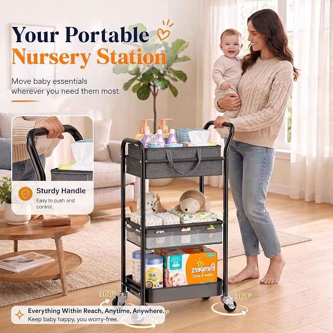 Baby Diaper Caddy Organizer Cart with Adjustable Shelf and Detachable Dividers, Grey 3 Tier Postpartum Carts on Wheels, Rolling Storage Cart for Baby Essentials, Newborn Must Haves, Bedside, Nursery - Image 3