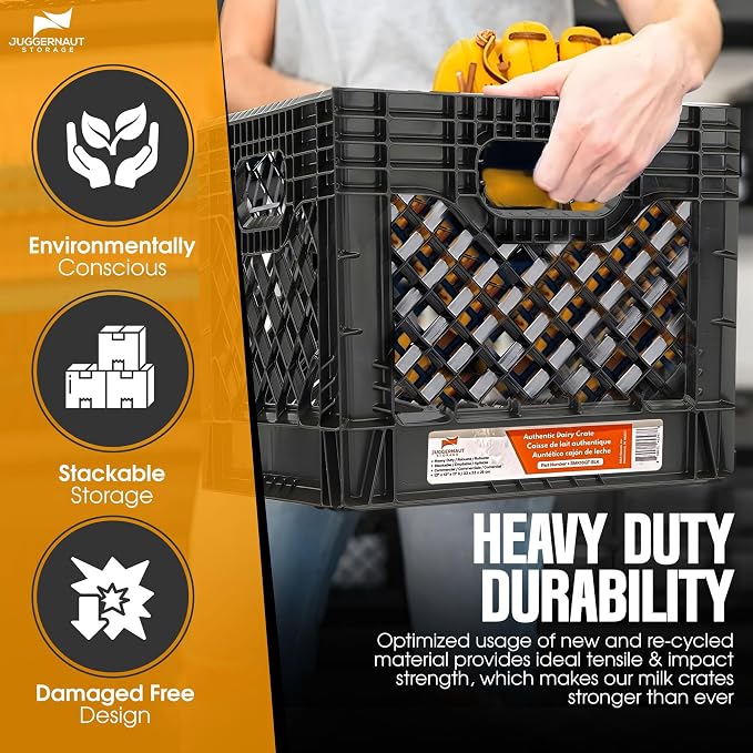 Juggernaut Storage Heavy Duty Milk Crates, 4 Handles, 16 Qt, Black, 4-Pack | Stackable HDPE Construction, Holds Up to 50 lbs, Vented Cross-Hatch Design, 13 x 13 x 11 In, for Office, Classroom & Home - Image 4