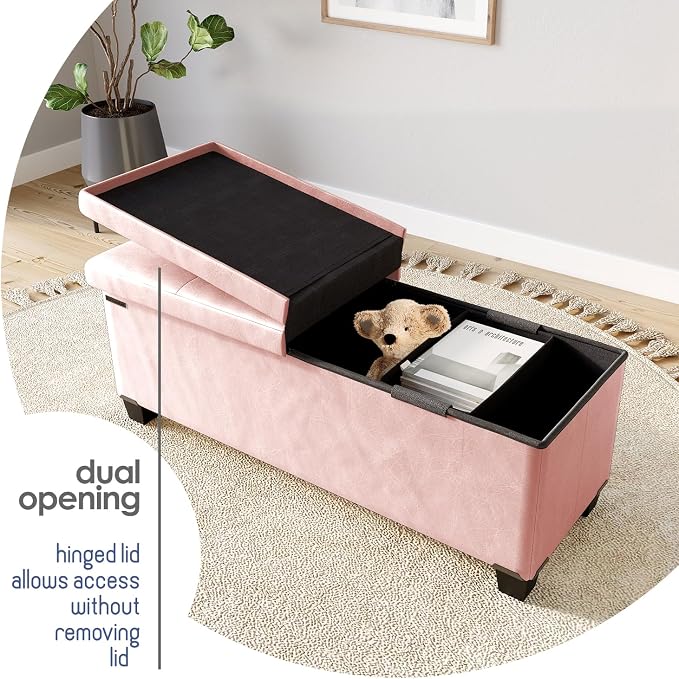 Storage Ottoman Bench with Bins, 43-in Storage Bench for Bedroom End of Bed, Folding Foot Rest Ottoman for Living Room Max 660lbs, Leather Ottomans, Pink - Image 9