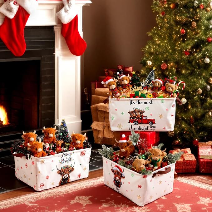 CHENGU 6 Pack Christmas Storage Basket Collapsible Christmas Basket for Gifts Highland Cow Holiday Decor Large Red Truck Bin Foldable Xmas Tree Box with Handle for Bedroom Office Home - Image 5