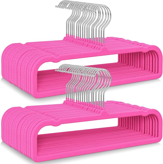 50 Pack Velvet Hangers Non Slip, Felt Pants Hangers Thin Space Saving | Clothes Hanger Flocked Strong Durable Ganchos Para Colgar Ropa with 360°Swivel Hook for Pants Jeans Shorts Tank Top Rose Red by Besslly