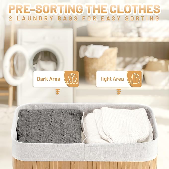 Aliphon 100L Laundry Hamper with lid, 2-Section Clothes Laundry Basket with Handles, Large Collapsible Bamboo Baskets for Bedroom, Bathroom, Dorm, Natural Beige - Image 3