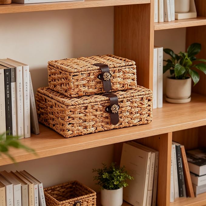 Set of 2 Water Hyacinth Wicker Storage Baskets with Lid | Rectangular woven decorative bins for shelf desktop home organization decor - Image 6
