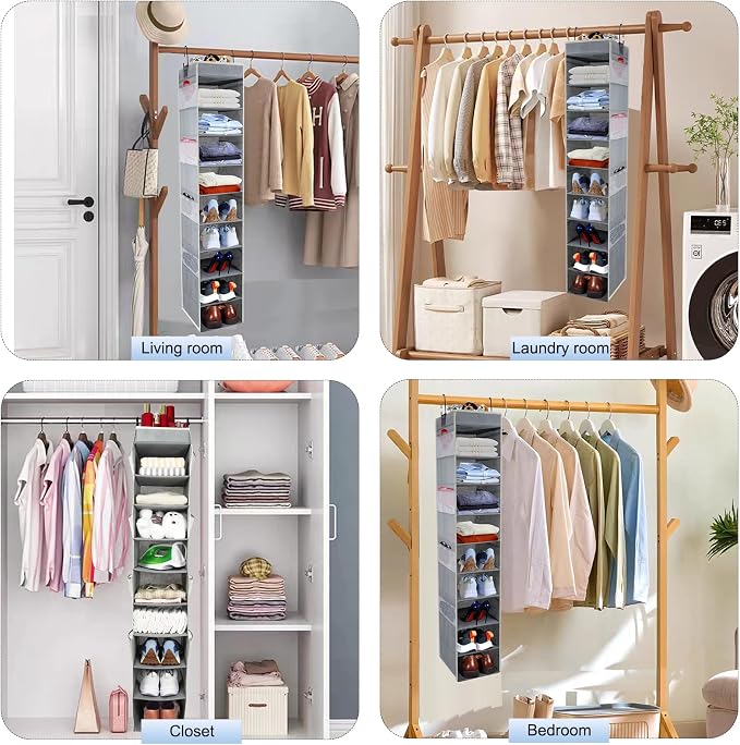 2 Pack Large-Sized Hanging Shoe Organizer 10-Shelf, Sturdy Hanging Closet Organizer with 8 Side Pockets, Wider Hanging Shelves for Storage Shoes Clothes Jeans Shirts Toys, Grey. - Image 6