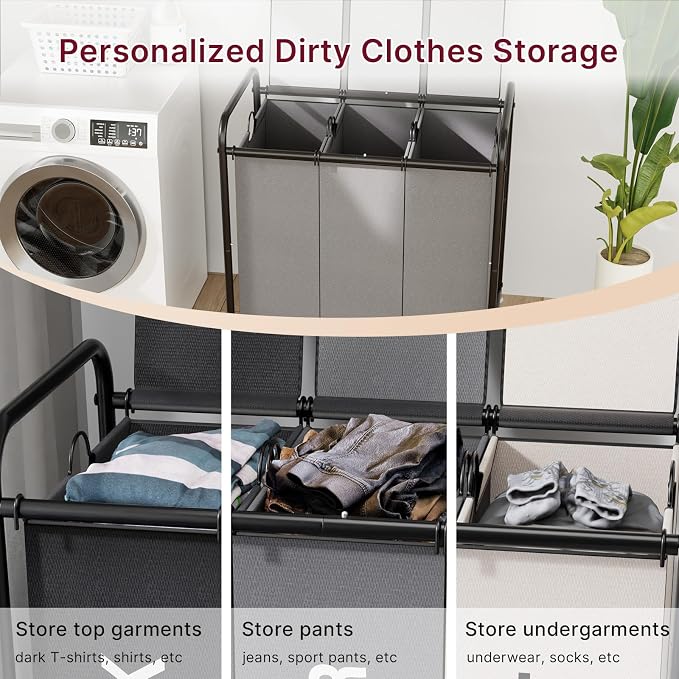 180L Laundry Sorter 3 Section with Lockable Wheels and Lid Grey | 3 Large Separate Removable Bags | Heavy Duty Rolling Laundry Basket | Laundry Hamper Cart for Laundry Room Organizer - Image 3