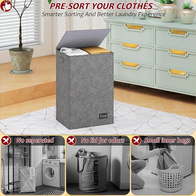 110L Laundry Hamper with Lid, Reinforced Sturdy Large Laundry Hamper with Handle and Lid, Collapsible Clothes Basket Organizer with Removable Liner Bag, Tall Dirty Clothes Bin for Dorm Bedroom - Image 3