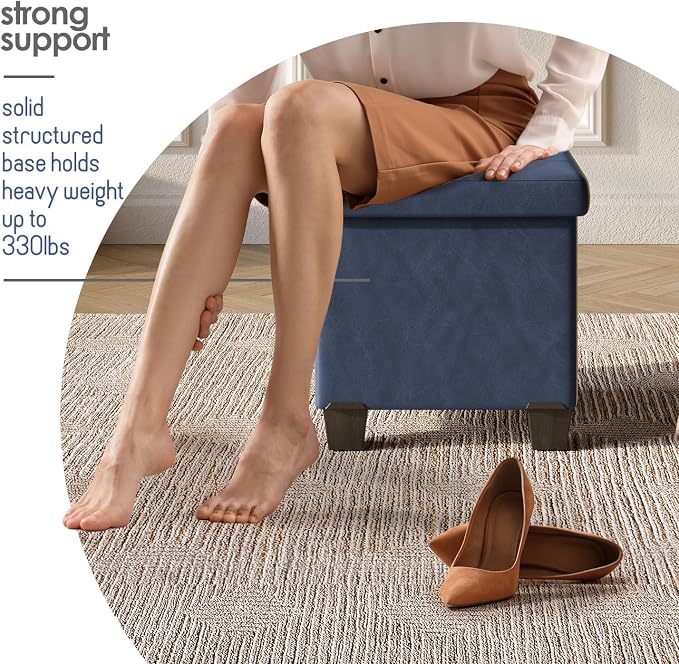 Storage Ottoman Cube with Small Bin, 15-in Square Ottoman with Storage for Living Room and Bedroom, Small Ottomans Foot Rest, Leather Foot Stools Ottomans Max 330lbs, Blue - Image 5
