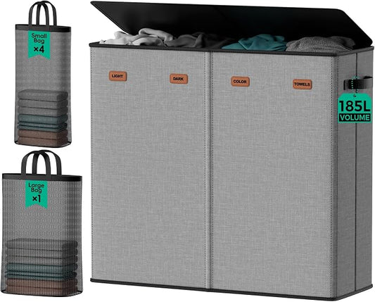 185L Laundry Hamper 4 Section with Lid & Removable Bags | Collapsible laundry basket organizer for laundry room, bedroom & dorm with 5 removable washing bags by MECINFUL