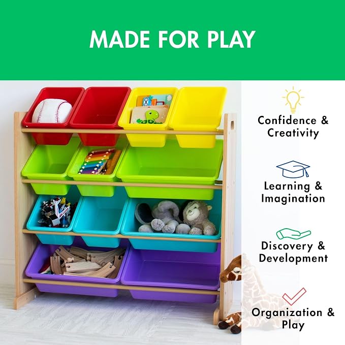 Humble Crew Kids Toy Storage Organizer with 12 Plastic Bins, Natural Wood/Rainbow – Removable Bins for Playroom, Bedroom, Toddler Furniture for Boys and Girls Ages - Image 5