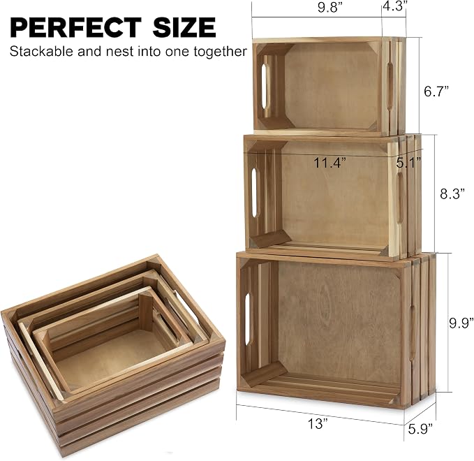 Nesting Wood Storage Crates (Set of 3) - Light Natural Acacia Wood Stackable Wooden Boxes for Storage & Organization - Decorative Wooden Basket Set for Fruits, Shelving & Home Decor - Image 3
