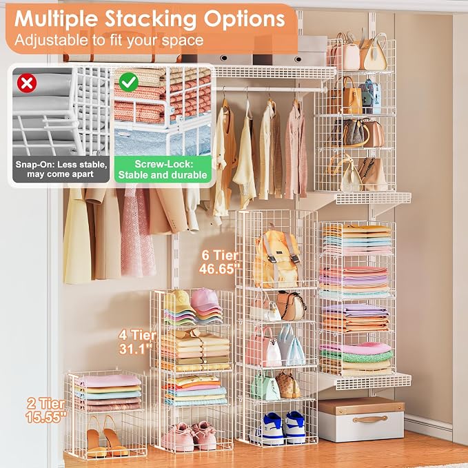 Yuyetuyo 6 Tier Raised-Height Hanging Closet Organizer, Stackable Sweater Organizer for Closet, Wire Storage Basket Bins for Clothes Purse Shoes, Hanging Shelves with 4 Hooks & 3 Dividers Adjustable - Image 4