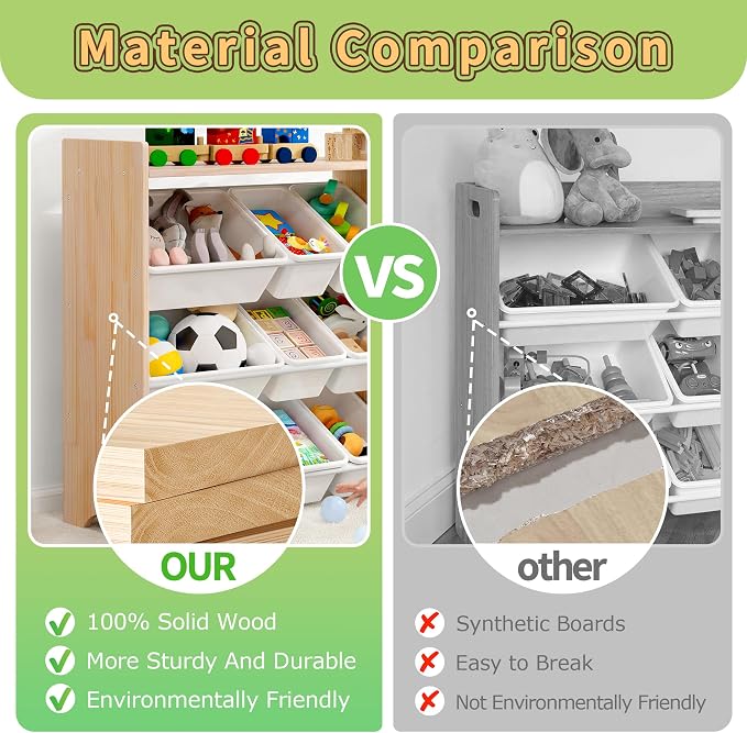 MallBest Kids Toy Organizer with 9 Bins – 4-Tier 100% Solid Wood Storage Shelf for Playroom or Nursery, Natural Wood Kids Storage Cabinet - Image 5