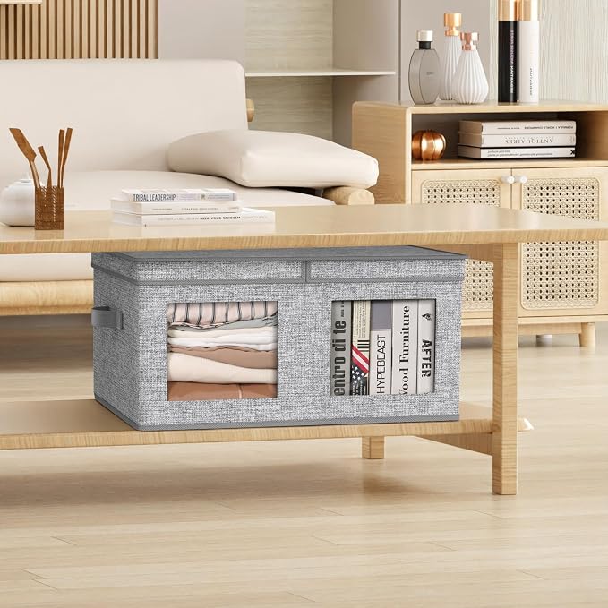Univivi Large Fabric Storage Bins with Lids for Clothes 2 Pack, Grey | 24 x 17 x 12 In Foldable Storage Boxes with Handles, Clear Window, Closet Organizers for Home, Bedroom - Image 6