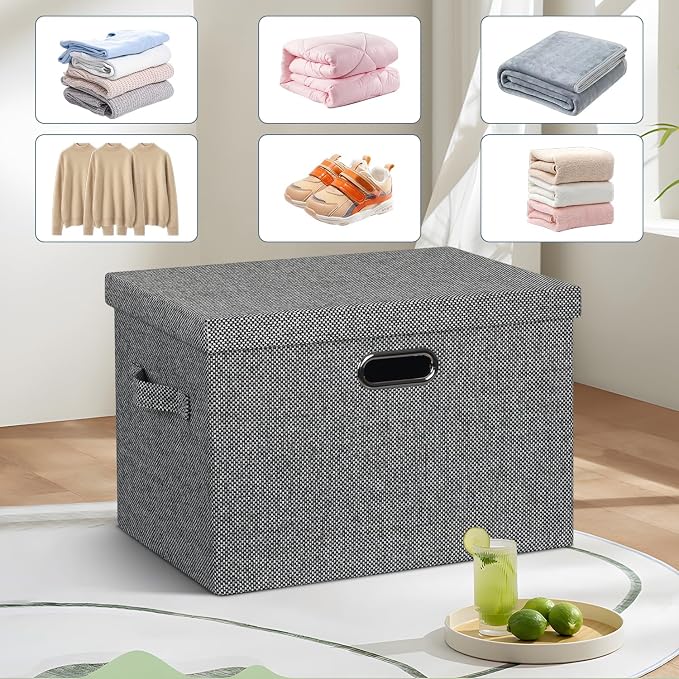 Storage Bins with Lids Fabric Closet Organizers Cubes Office Organization | 36 Quart 3 Pack Black and White Mix Collapsible Stackable Linen Fabric 4 Handles Bedroom Closet Cabinet Under Bed Clothes Toy - Image 6