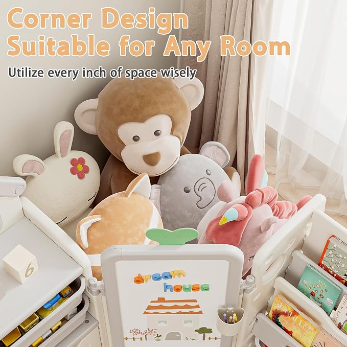Kids Toy Storage Organizer with 10 Removable Bins, Foldable Toy Organizers and Storage with 3-Tier Bookshelf for Kids Toy Storage Organizer with Drawing Board, Extra 3 Brushes (3 In 1 Off-white) - Image 7