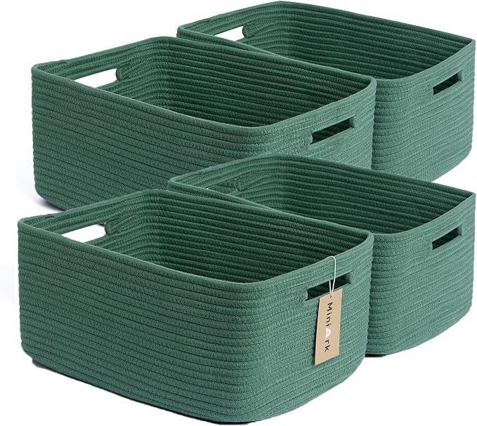 MiniArk Large Storage Baskets for Organizing, 17 x 13 x 7.5” Closet Shelf Baskets for Clothes Blanket Towels, Baby Nursery, Toy Bins Box, Woven Rope Baskets, 4 Packs Green by MiniArkStorageBasketsHome