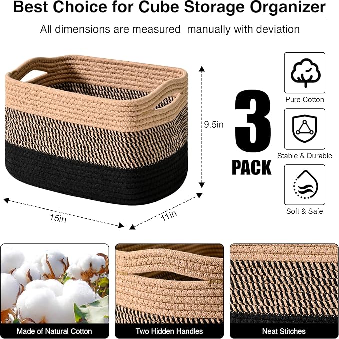 ICERZCZ Storage Baskets for Organizing Shelves, Decorative Baskets for Storage, Woven Cotton Rope Basket for Living Room Bedroom Nursery, 15"x11"x9.5", 3 Packs, Gradient Black & Jute - Image 3