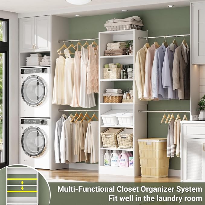 Unikito 4-8Ft Wood Closet Organizer System with Extendable Rods, White | Starter kit with tower and 4 hanging rods, walk-in closet wardrobe clothes rack with adjustable shelves, garment rack. - Image 3