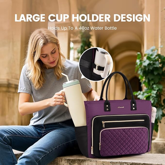LOVEVOOK Teacher Tote Bag for Women Work, Laptop Bag Work Tote Bag Nurse Bags With Large Cup Holder, Professional Computer Briefcase Business Large Purses Handbag, Diaper Bag Mother Gift, Black-Purple - Image 5