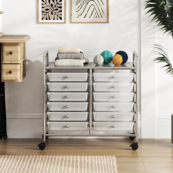 RELAX4LIFE 12-Drawer Rolling Storage Cart - Mobile Utility Cart on Wheels for School Classroom Teacher Office Salon, Paper File Art Supply Craft Organizer, Rolling Cart with Drawers (Clear) - Image 9
