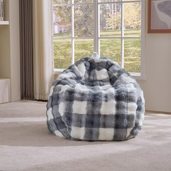 Fluffy Faux Rabbit Fur Bean Bag Chair Cover(No Filler),Cozy Shaggy Bubble Stuffed Animal Storage Large Bean Bag Cover for Bedroom Living Room,Fuzzy Bean Bag Cover Girls Teens Adult,White and Grey by Animebody