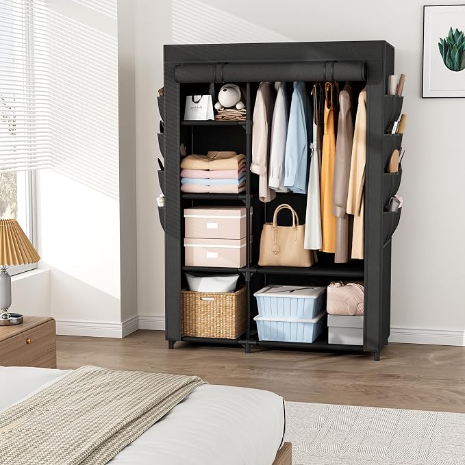 Portable Closets for Hanging Clothes, Wardrobe Closet with Hanging Rod and Clothing Storage Shelves, 8 Side Pockets, Free Standing Clothes Rack with Cover, for Bedroom and Dorm, Black - Image 7