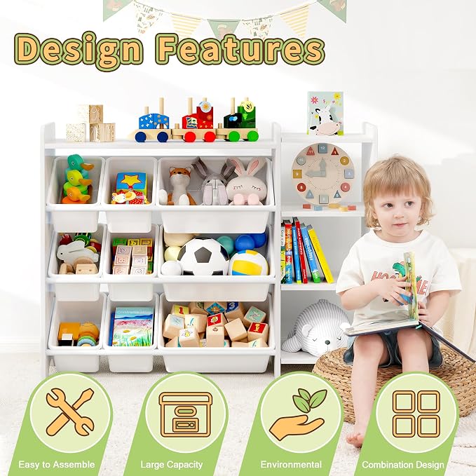 MallBest Kids Toy Storage Organizer with Bins, Solid Pine Wood Frame Toy Storage Cabinet and Kids Bookshelf, 3-Tier Playroom Organizer for Kids Room, Nursery and Bedroom, White - Image 6